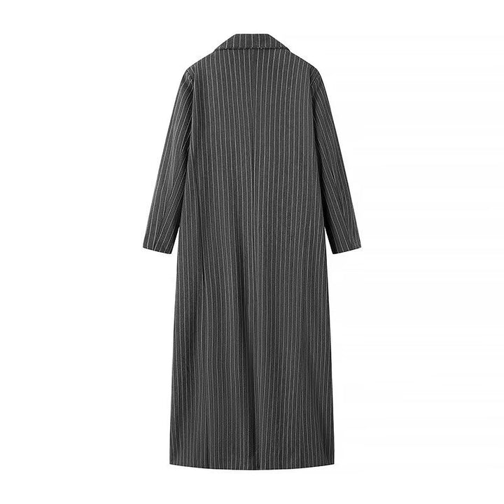 Women Longline Wool Blend Coat with Pinstripes, Tailored Lapel and Flap Pockets Mune Fashion