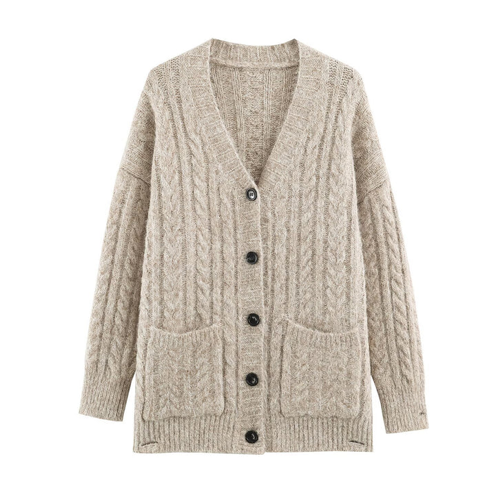 Women Large Knitted Oversize Cardigan with Cable Knit V-Neck and Patch Pockets Mune Fashion
