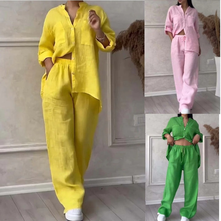 Women's Wide Linen Blend Pants with High Elastic Waistband, Drawstring and Palazzo Silhouette Mune Fashion
