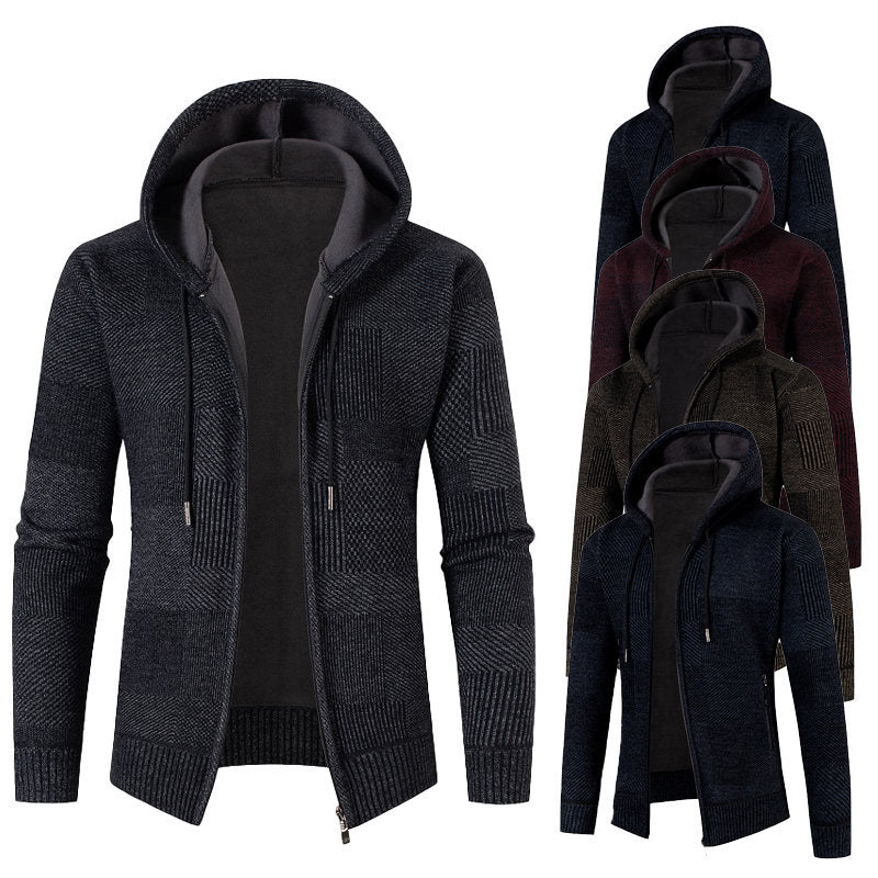 Men's Knit Hoodie Jacket with Full Zipper, Lined Hood and Structured Patchwork Look Mune Fashion