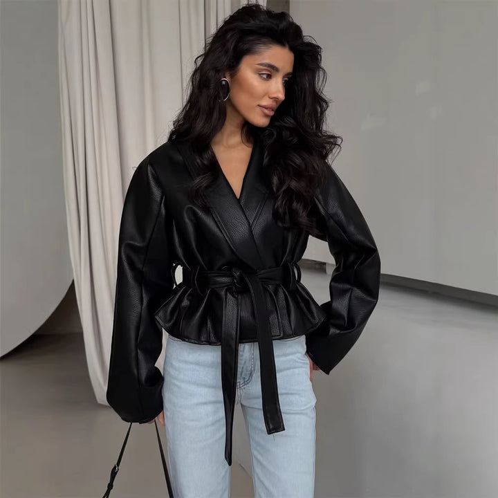 Women's Tailored Faux Leather Jacket with Peplum, Belt & Shawl Collar Mune Fashion