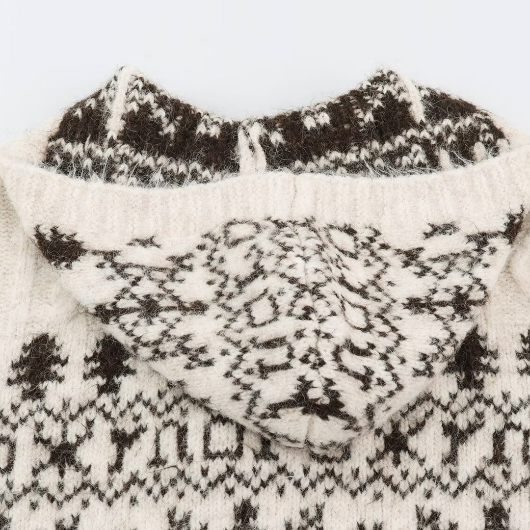 Women's Coarse Knit Hooded Cardigan with Horn Buttons and Norwegian Pattern Mune Fashion