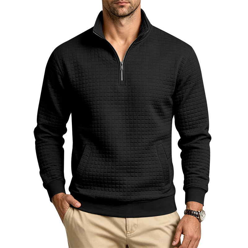 Men's Structured Stand Collar Half Zip Sweatshirt with Checkered Pattern and Kangaroo Pocket Mune Fashion
