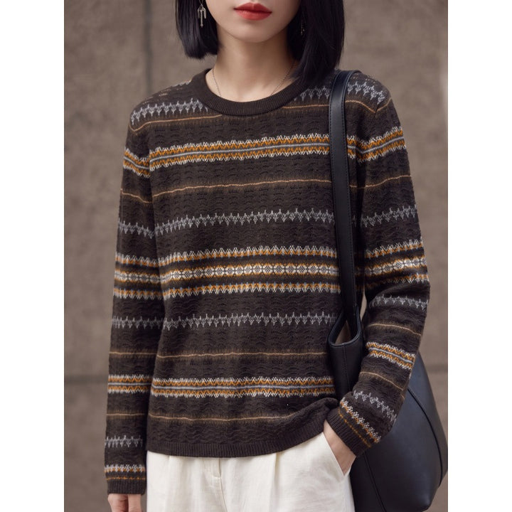 Women's Lightweight Round Neck Sweater in Norwegian Stripe Design with Structured Eyelet Optics Mune Fashion