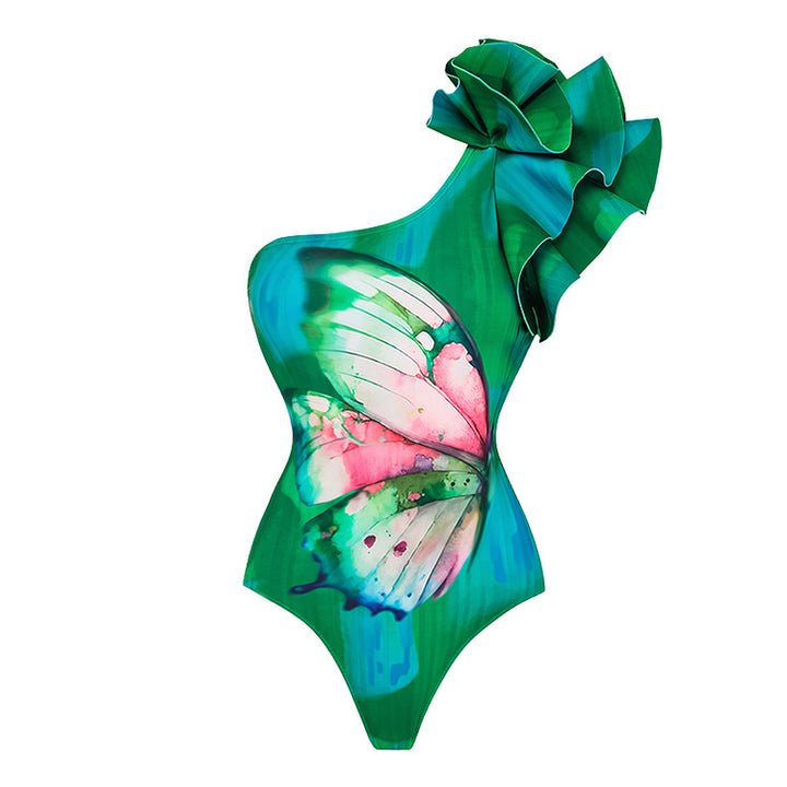 Women One-Sided Swimsuit with Artistic Butterfly Motif and Ruffles Mune Fashion