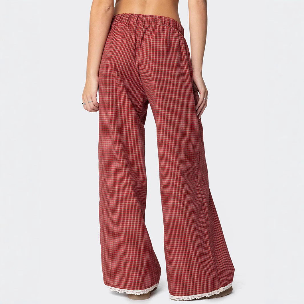 Women's Wide Lounge Pants with Elastic Waistband, Button Placket & Lace Trim Mune Fashion