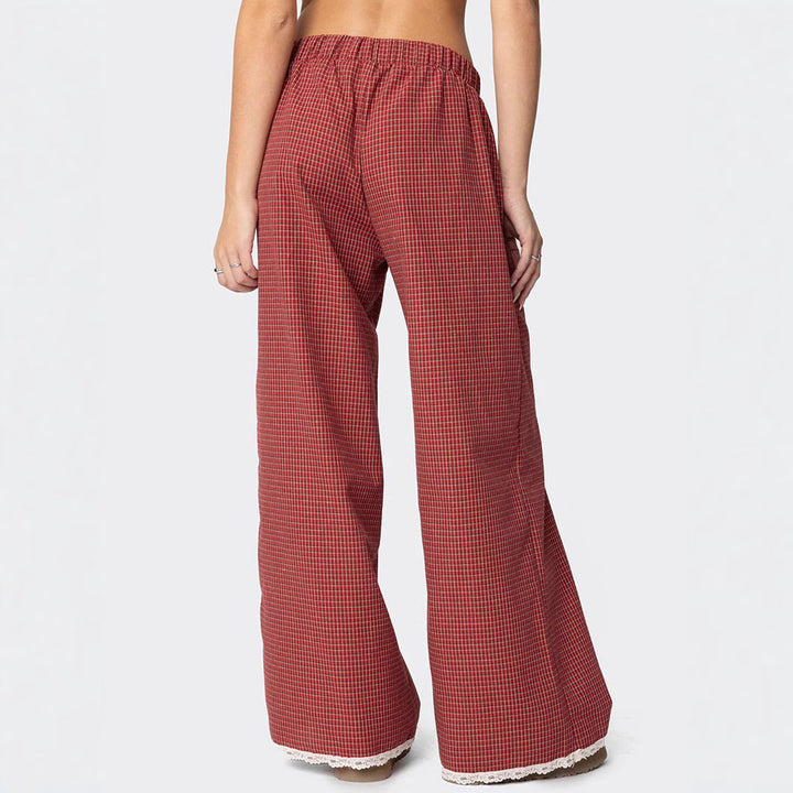 Women's Wide Lounge Pants with Elastic Waistband, Button Placket & Lace Trim Mune Fashion