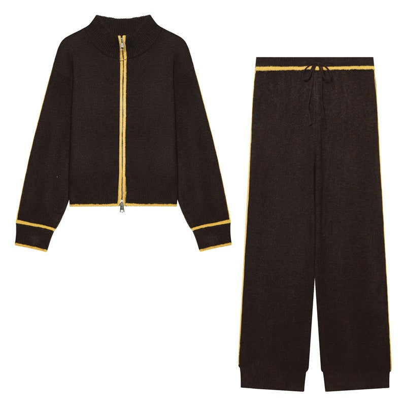 Women Two-Piece Knit Loungewear Set with Short Zip Cardigan and High Waist Palazzo Pants Mune Fashion