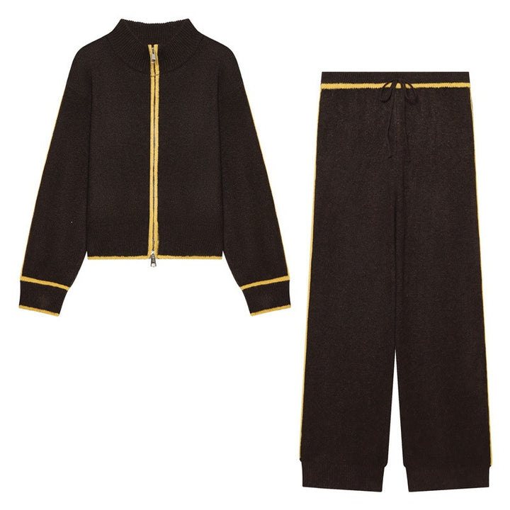 Women Two-Piece Knit Loungewear Set with Short Zip Cardigan and High Waist Palazzo Pants Mune Fashion
