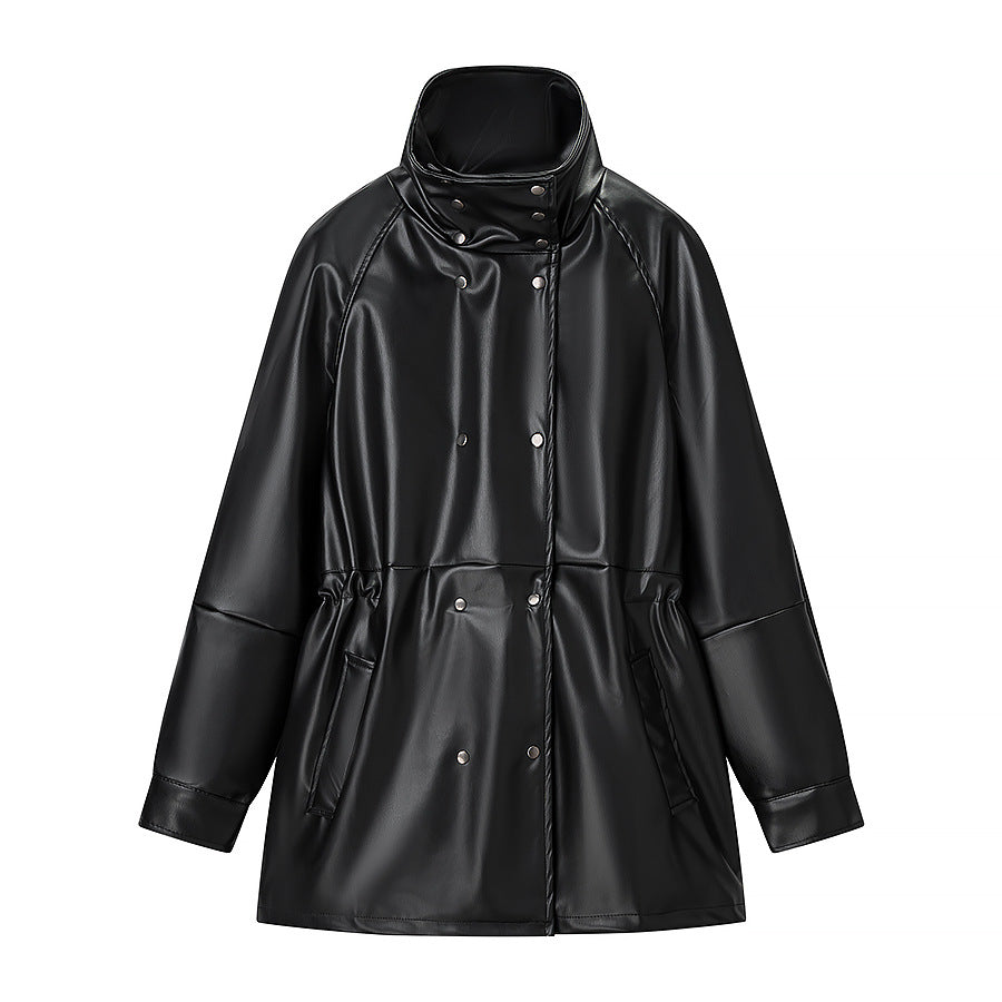 Women's rain jacket made of leather look with high stand-up collar, waist drawstring and snap button front Mune Fashion