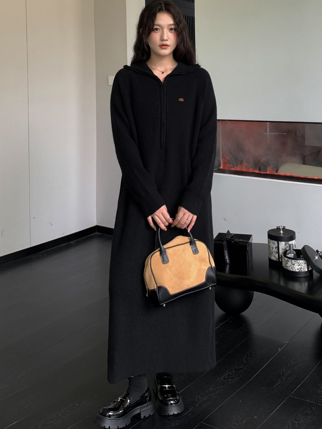 Women's Ribbed Hooded Knitted Maxi Dress with Half Zipper and Wide Fall Mune Fashion