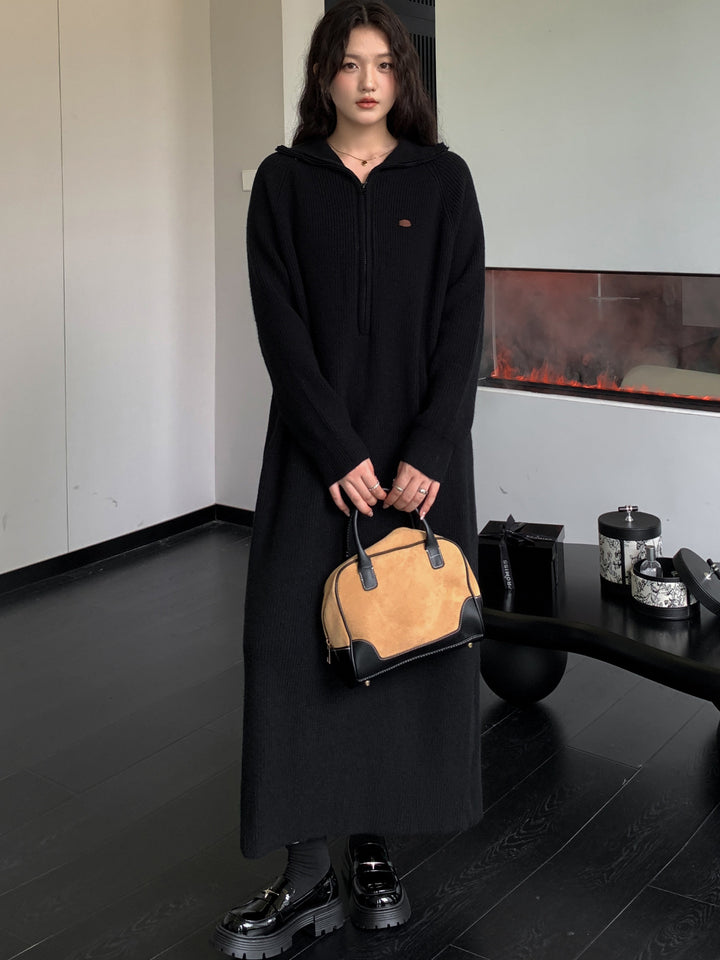 Women's Ribbed Hooded Knitted Maxi Dress with Half Zipper and Wide Fall Mune Fashion