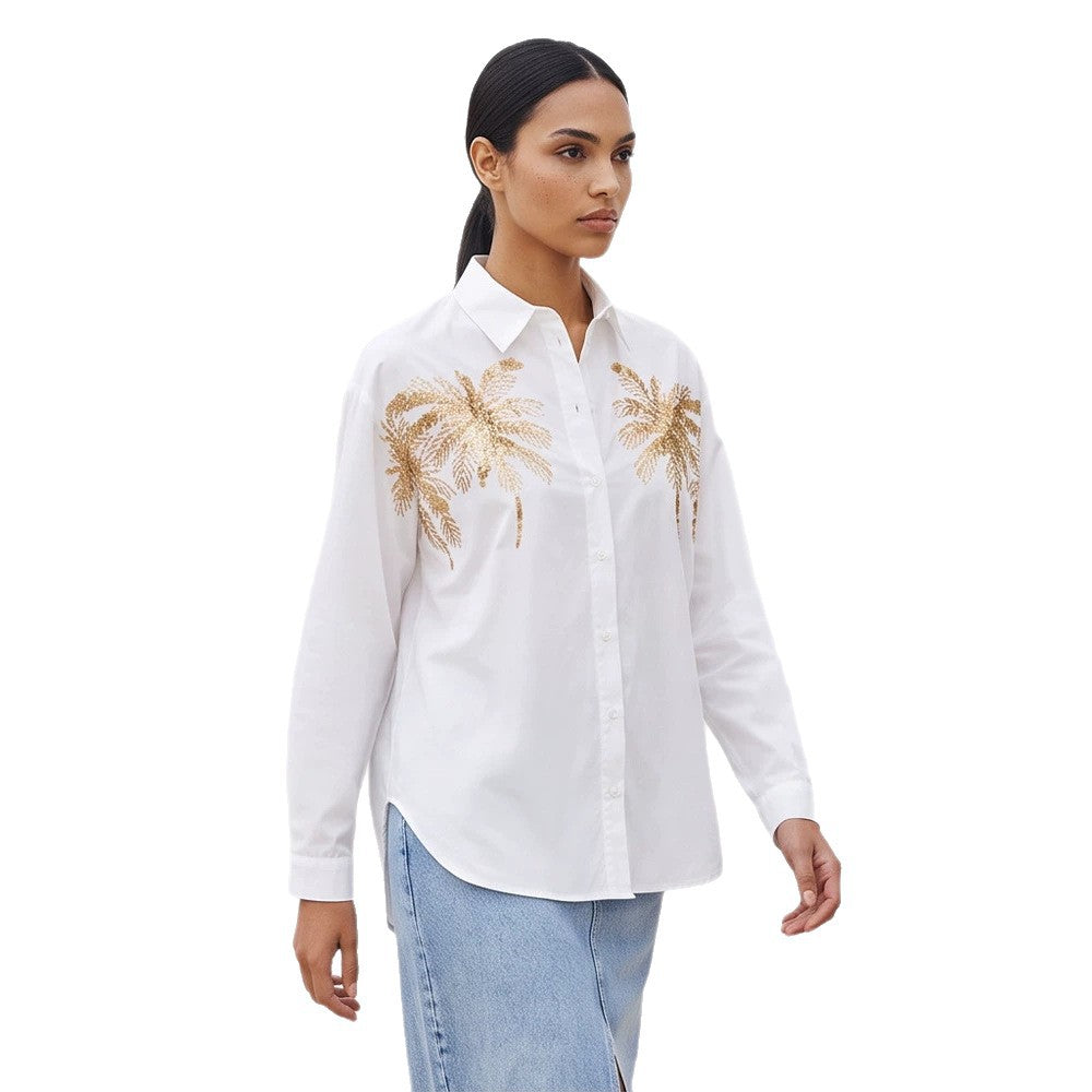 Women's shirt blouse with sequin palm appliqué, oversized cut & classic collar Mune Fashion