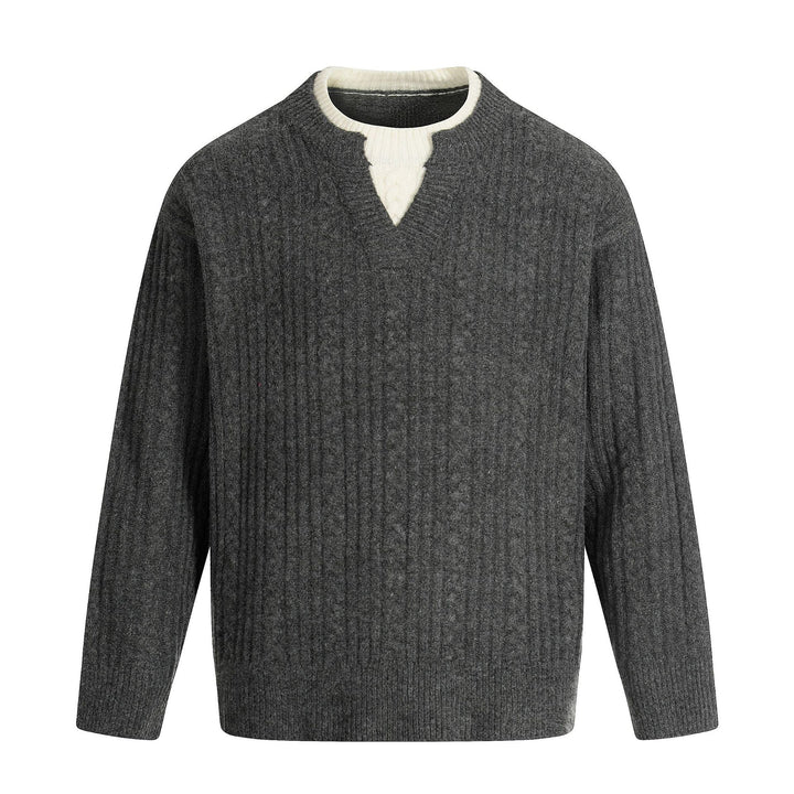 Men's cable knit sweater with V-insert and double roll collar Mune Fashion