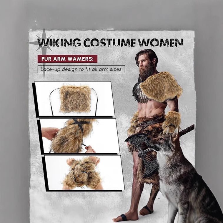 Men's Warrior Costume Accessory Set made of faux fur with shoulder drape, arm guards, and adjustable leather harness Mune Fashion
