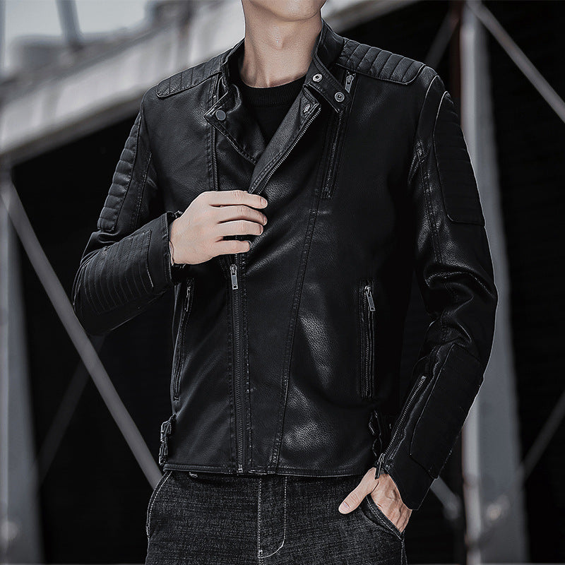 Men's biker jacket made of synthetic leather with quilted sleeve yoke and stand-up collar Mune Fashion