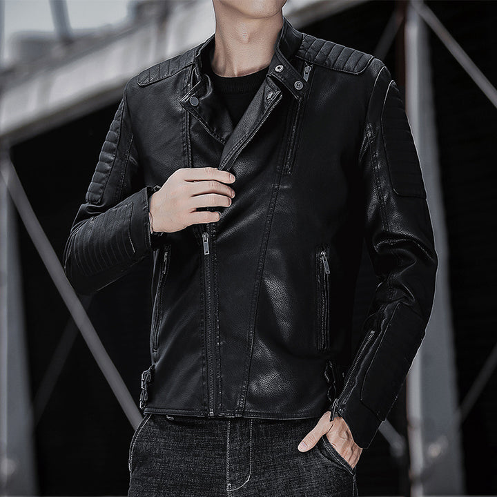 Men's biker jacket made of synthetic leather with quilted sleeve yoke and stand-up collar Mune Fashion