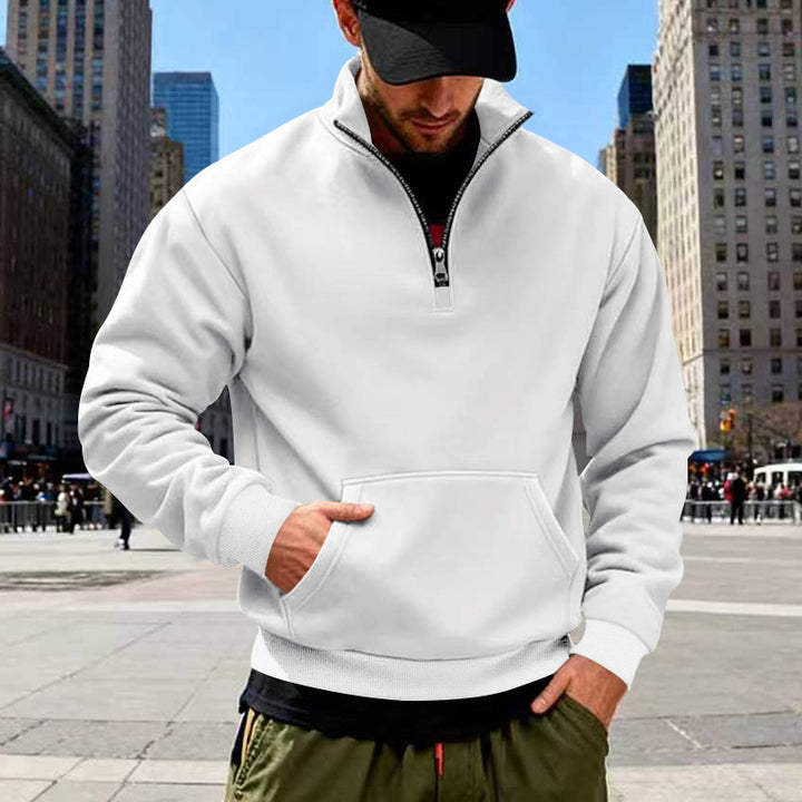 Men's half-zip sweatshirt with kangaroo pocket, elastic ribbed cuffs, and high stand-up collar Mune Fashion