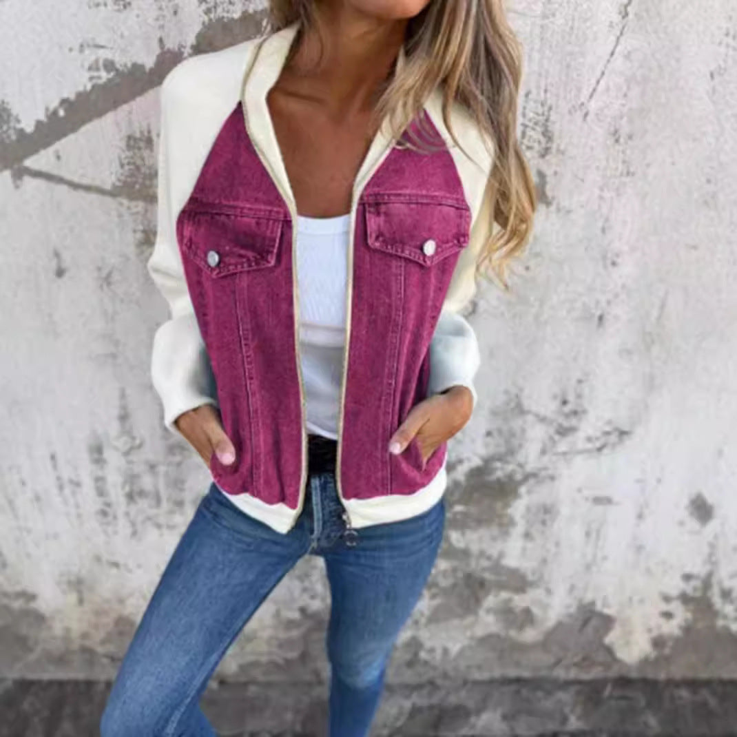 Women's Sweat-Jeans-Bomber Jacket with Raglan Sleeves, Breast Pockets, and Zipper Mune Fashion