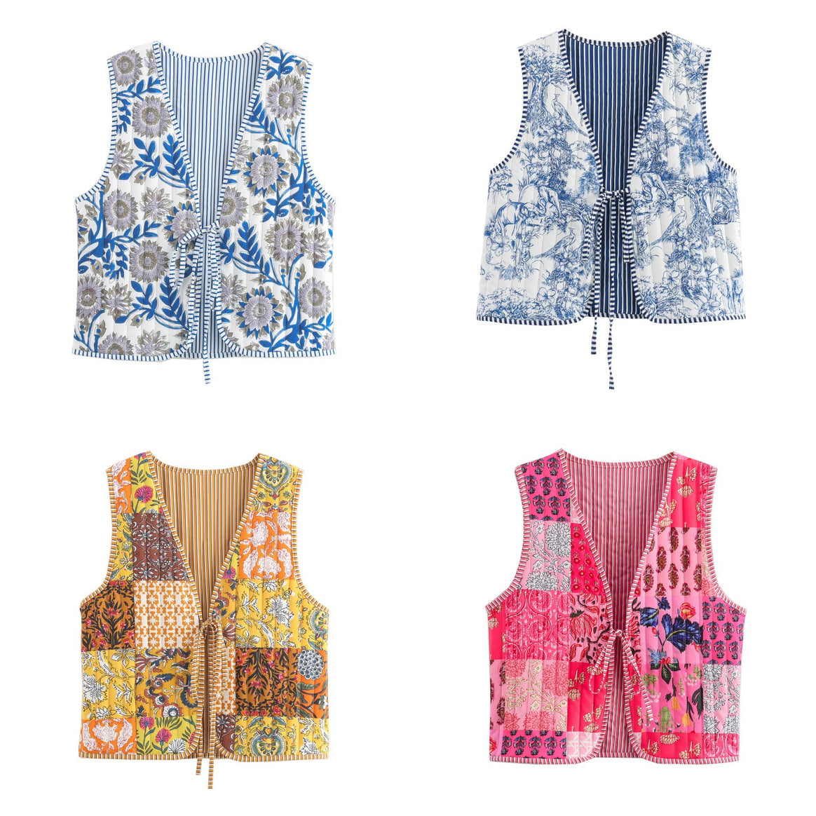 Ladies patchwork vest with tie belt, striped interior finish and contrast piping Mune Fashion