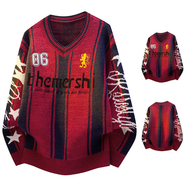 Men's Fashionable V-Neck Sweater with Colorful Stripes Mune Fashion