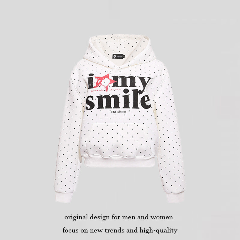 Women’s hoodie sweatshirt with polka dot pattern, kangaroo pocket and large typographic print Mune Fashion