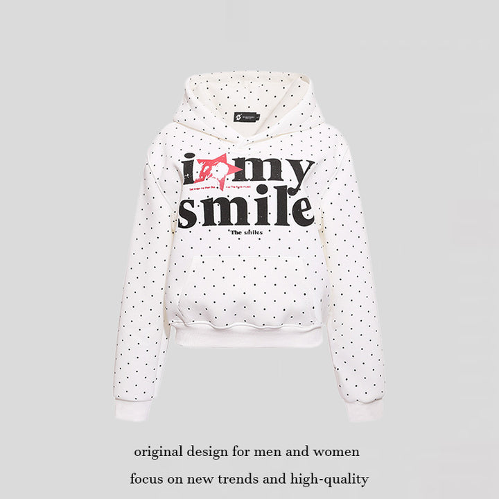 Women’s hoodie sweatshirt with polka dot pattern, kangaroo pocket and large typographic print Mune Fashion