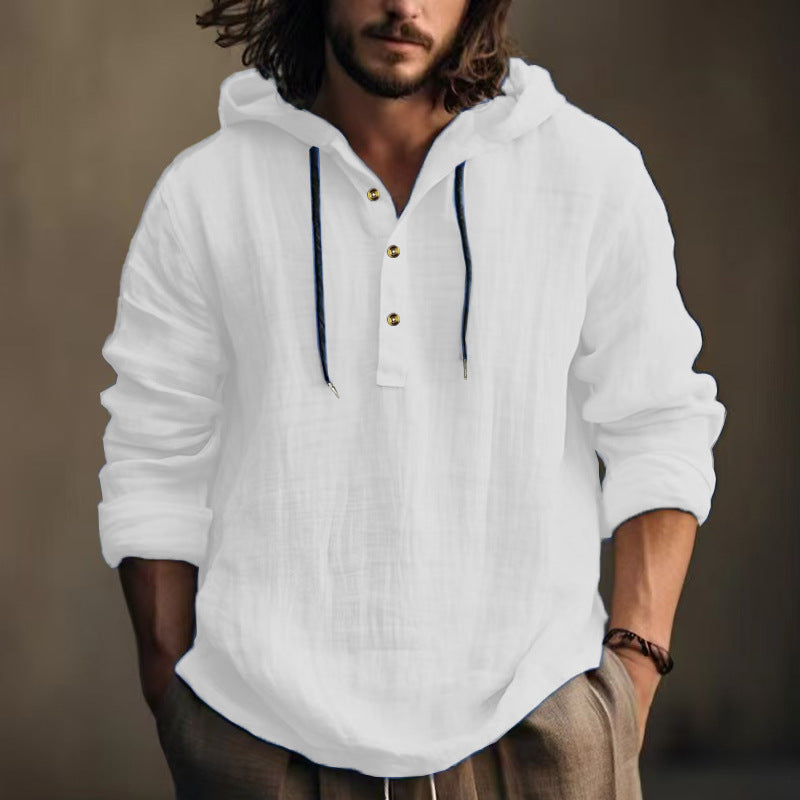 Men's lightweight hooded Henley linen shirt with button placket and drawstring Mune Fashion