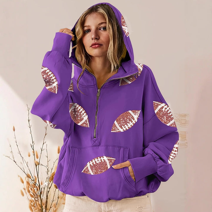 Women's Oversized Hoodie with Half Zipper and Sequin Football Application Mune Fashion