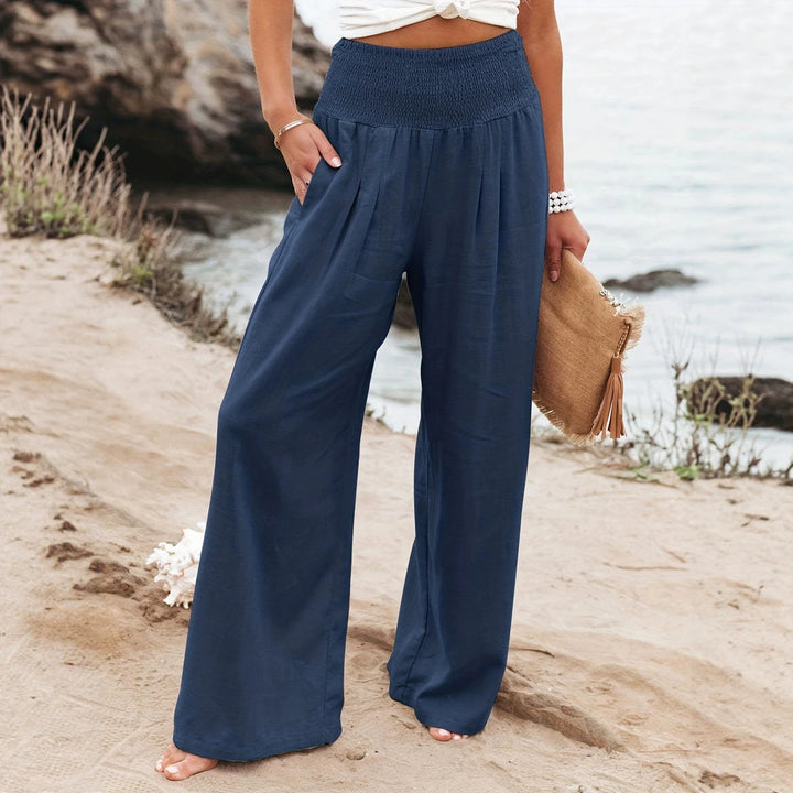 Women's Wide Linen Pants with Smocked Band and Side Pockets Mune Fashion