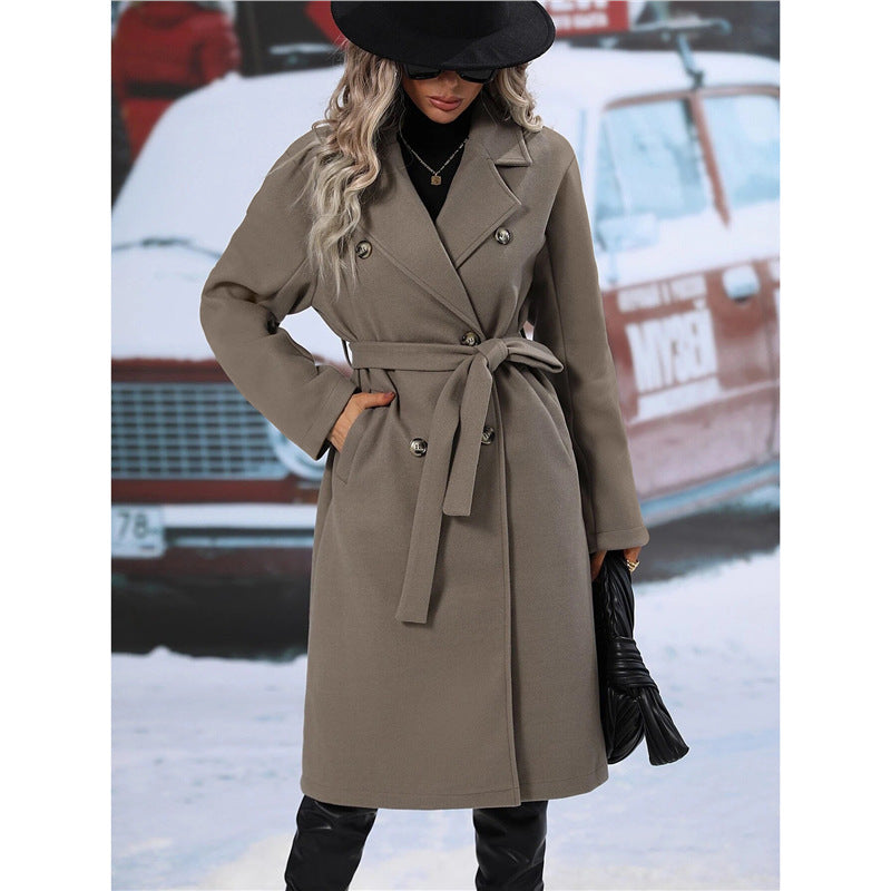 Women's double-breasted wool coat with belt and wide lapel collar Mune Fashion