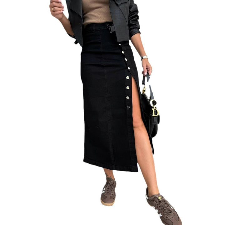 Ladies high-waisted midi skirt made of stretch denim with side snap button slit and fitted silhouette Mune Fashion