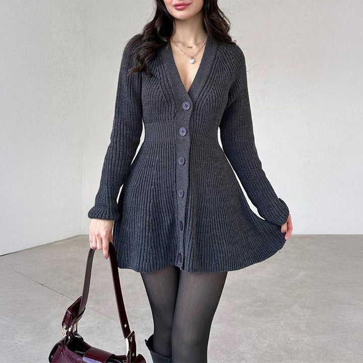 Women's fitted knitted dress with full button placket, V-neck and flared A-line skirt Mune Fashion