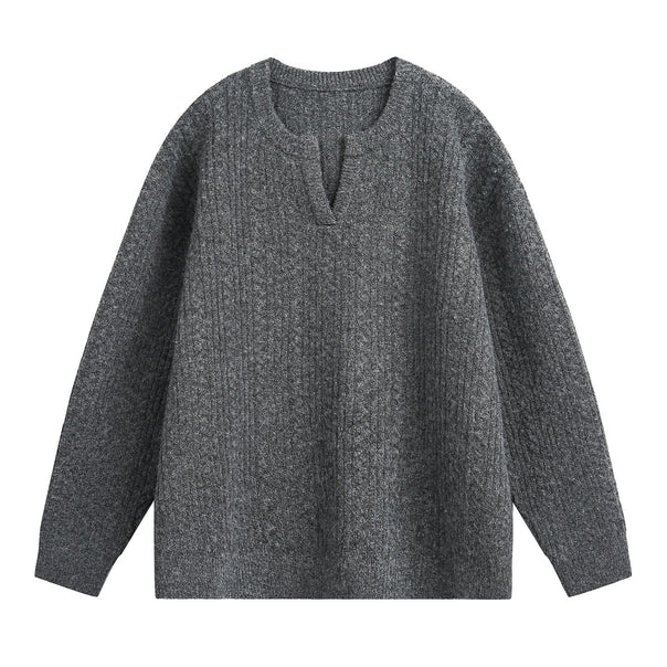 Unisex Relaxed-Fit Knit Sweater with Crew Neck and V-Slit Mune Fashion