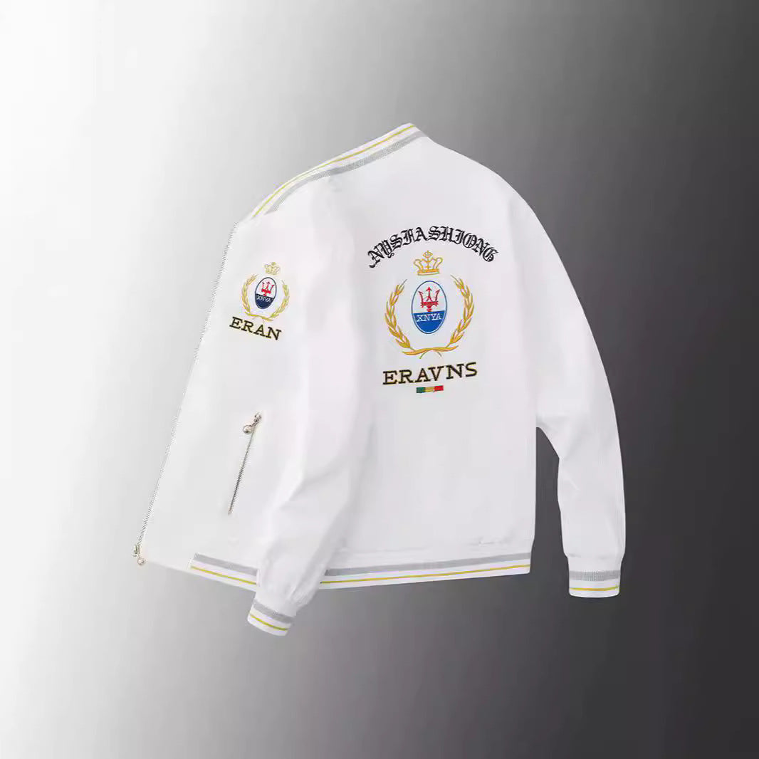 Men's stick detail bomber jacket in retro crest style with emblem embroidery and zipper arm pocket Mune Fashion