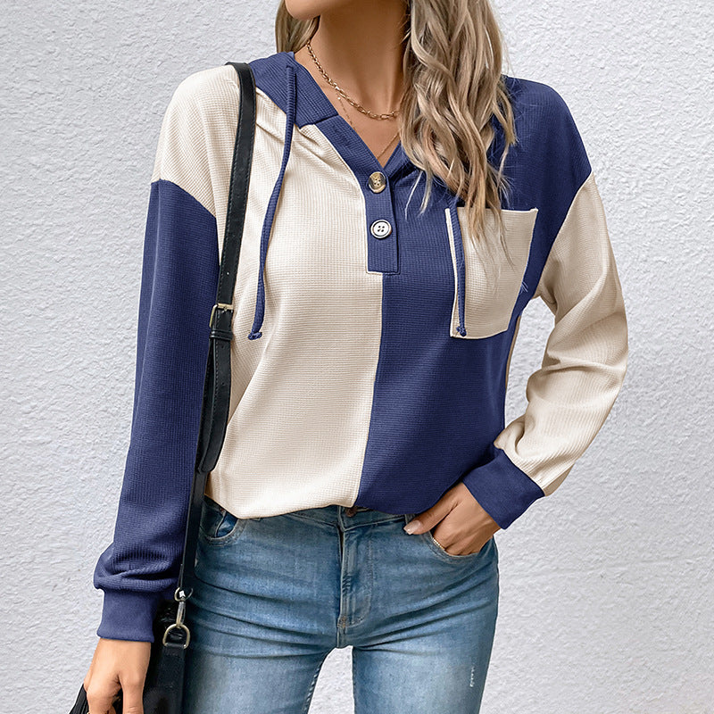 Women's Casual Hoodie Top with Button Placket and Color Block Design Mune Fashion