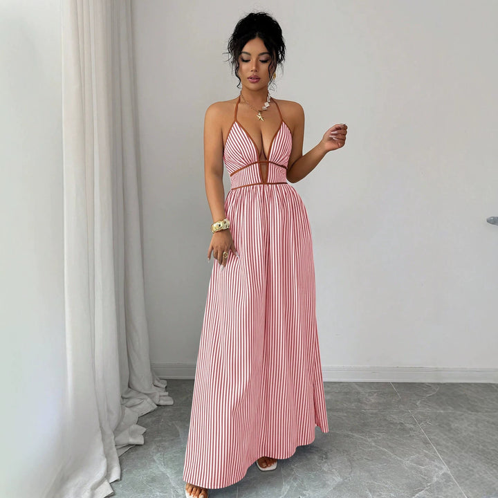 Women's Striped Halter Maxi Dress with Deep V-Neck and Waist Cut-Out Mune Fashion