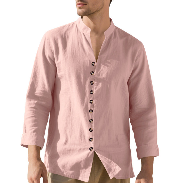 Men's casual linen shirt with Mandarin collar, continuous decorative button placket and roll-up sleeves Mune Fashion
