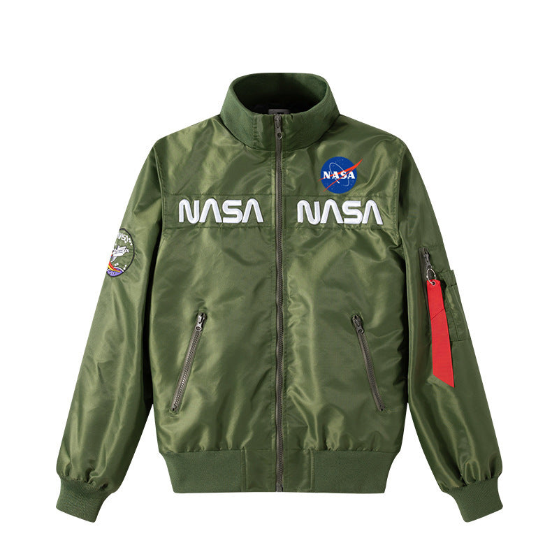 Men's  retro space-logo nylon zip bomber with angled zip pockets and utility sleeve tab Mune Fashion