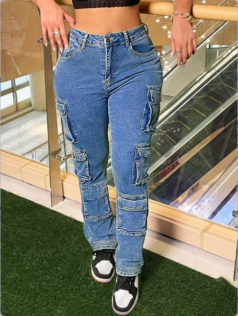 Women’s cargo denim pants with multiple flap pockets, knee panels, and high-waisted fit Mune Fashion