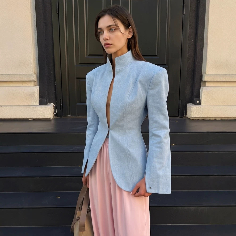 Women's tailored stand collar blazer with concealed hook closure and curved hem Mune Fashion