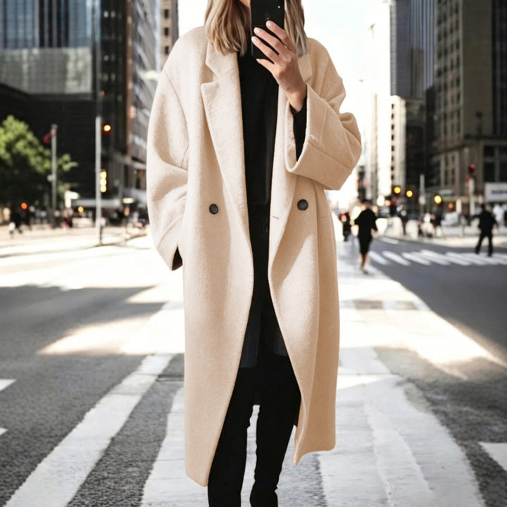 Women's Oversized Wool Blend Coat with Double-Breasted Button Placket, Wide Lapel Collar and Patch Pockets Mune Fashion