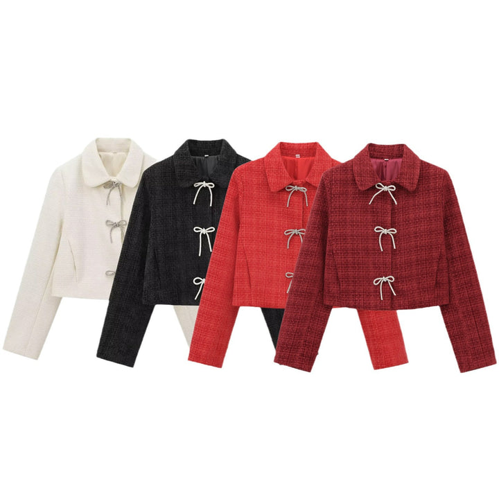Women's Short Boucle Tweed Jacket with Peter Pan Collar and Decorative Bow Closures Mune Fashion