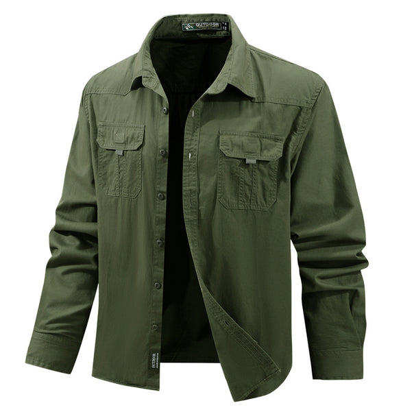 Men's lightweight travel shirt jacket with concealed button placket, patched flap chest pockets, and wrinkle-resistant cotton stretch fabric