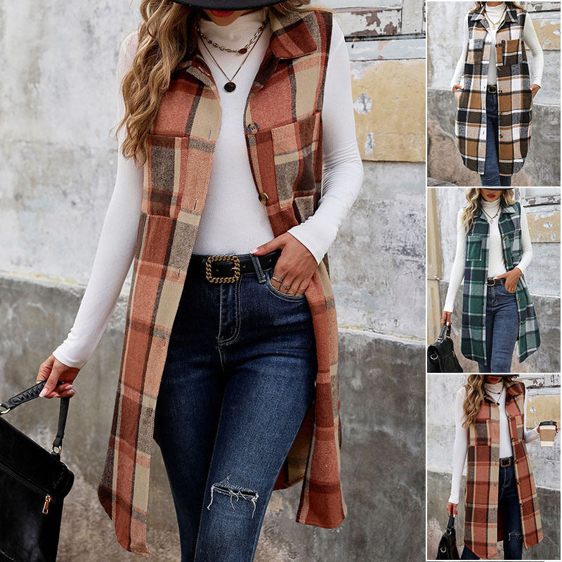 Women's Sleeveless Checked Long Vest with Shirt Collar and Button Placket Mune Fashion