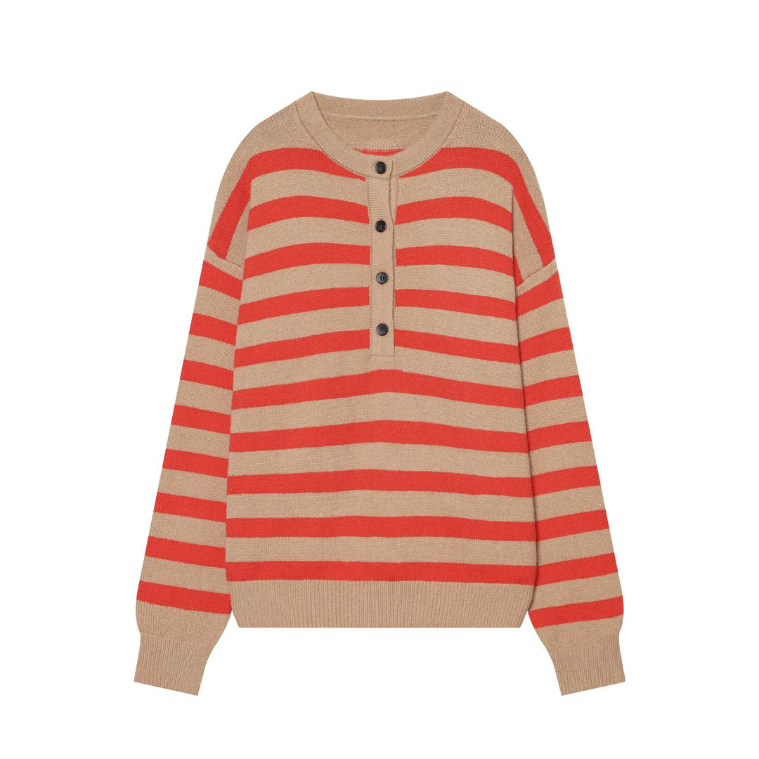 Women's Striped Knit Sweater with Henley Button Placket and Oversized Silhouette Mune Fashion