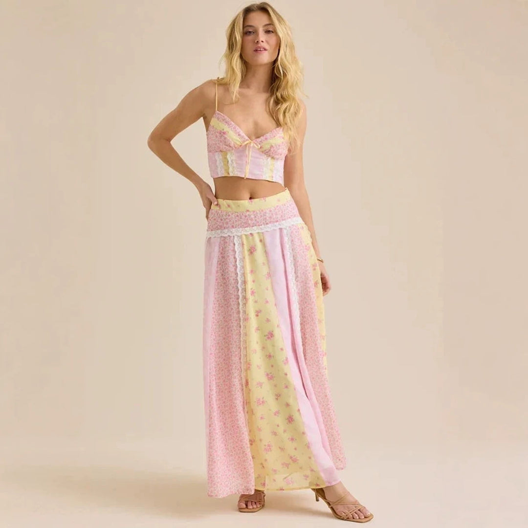 Women romantic crop top with spaghetti straps and tiered patchwork maxi skirt Mune Fashion