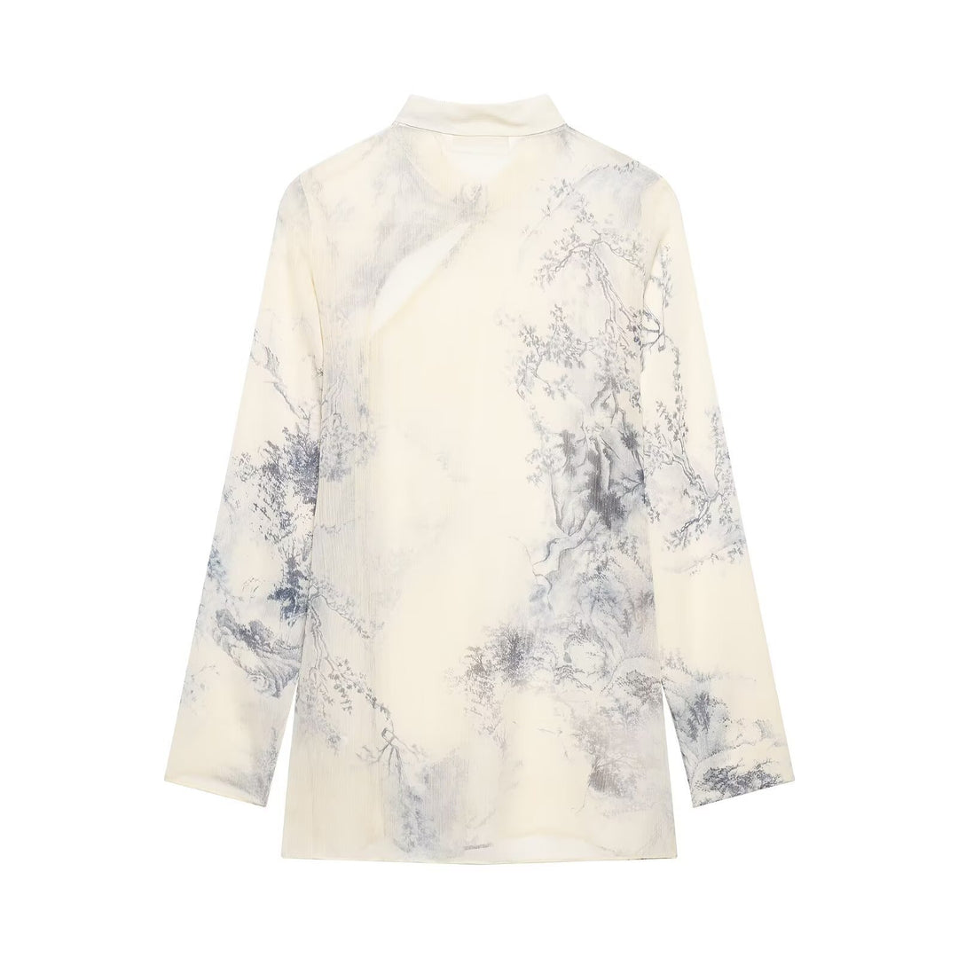 Women Silk Look Chiffon Blouse with Stand-up Collar and Asymmetrical Knot Button Placket Mune Fashion