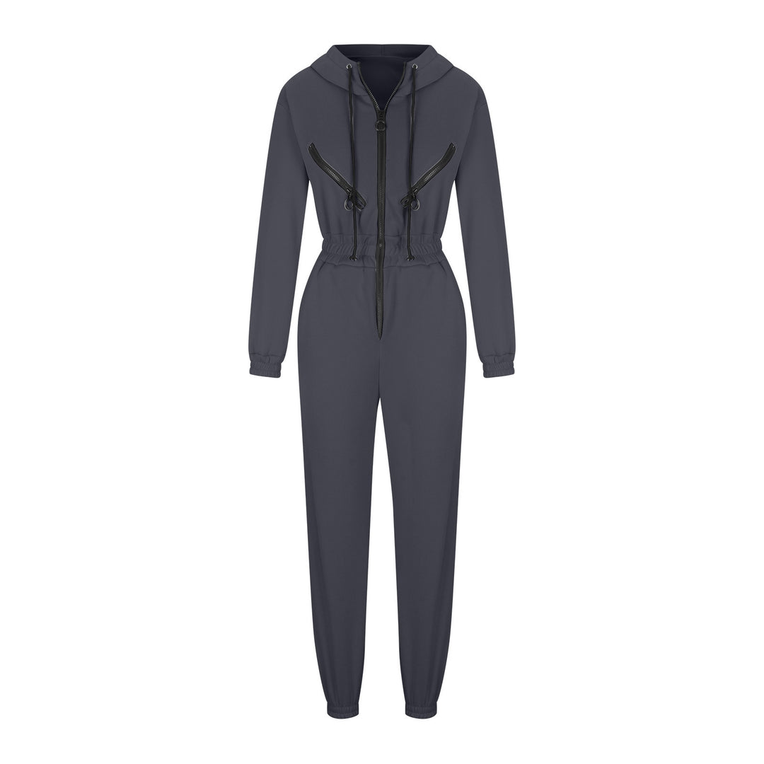 Women's tailored hooded jumpsuit with elastic waistband and striking contrast zippers Mune Fashion