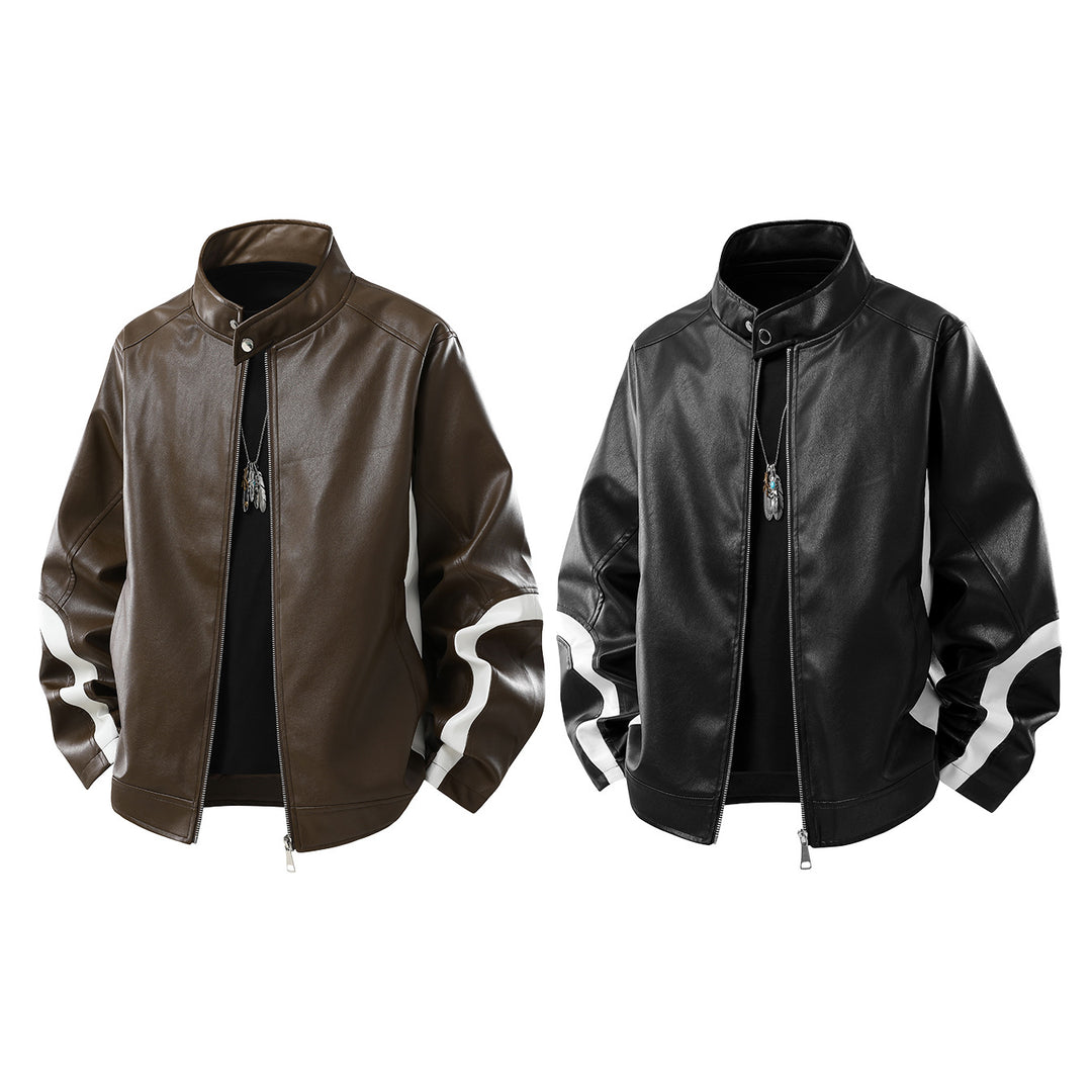 Herren Lederjacke im Bomberstil mit Stehkragen und kontrastierenden Wellenstreifen Mune Fashion
